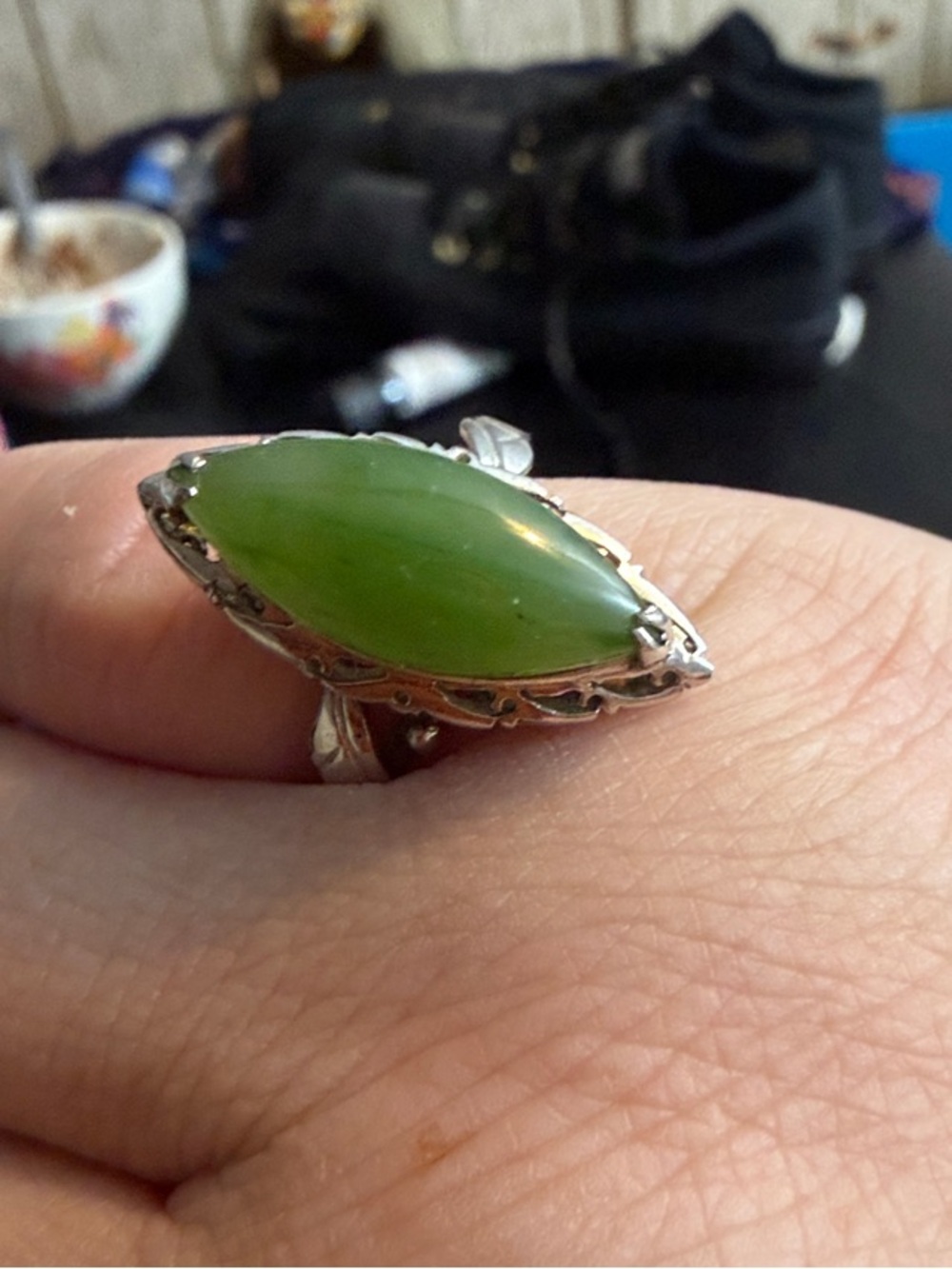 Sterling Silver Green nephrite jade Cabochon Ring